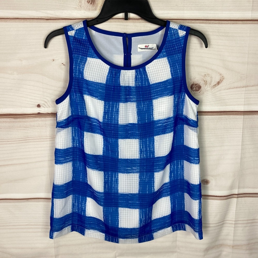 Vineyard Vines Top Womens 0 Blue White Painted Gingham Tank Sleeveless Blouse